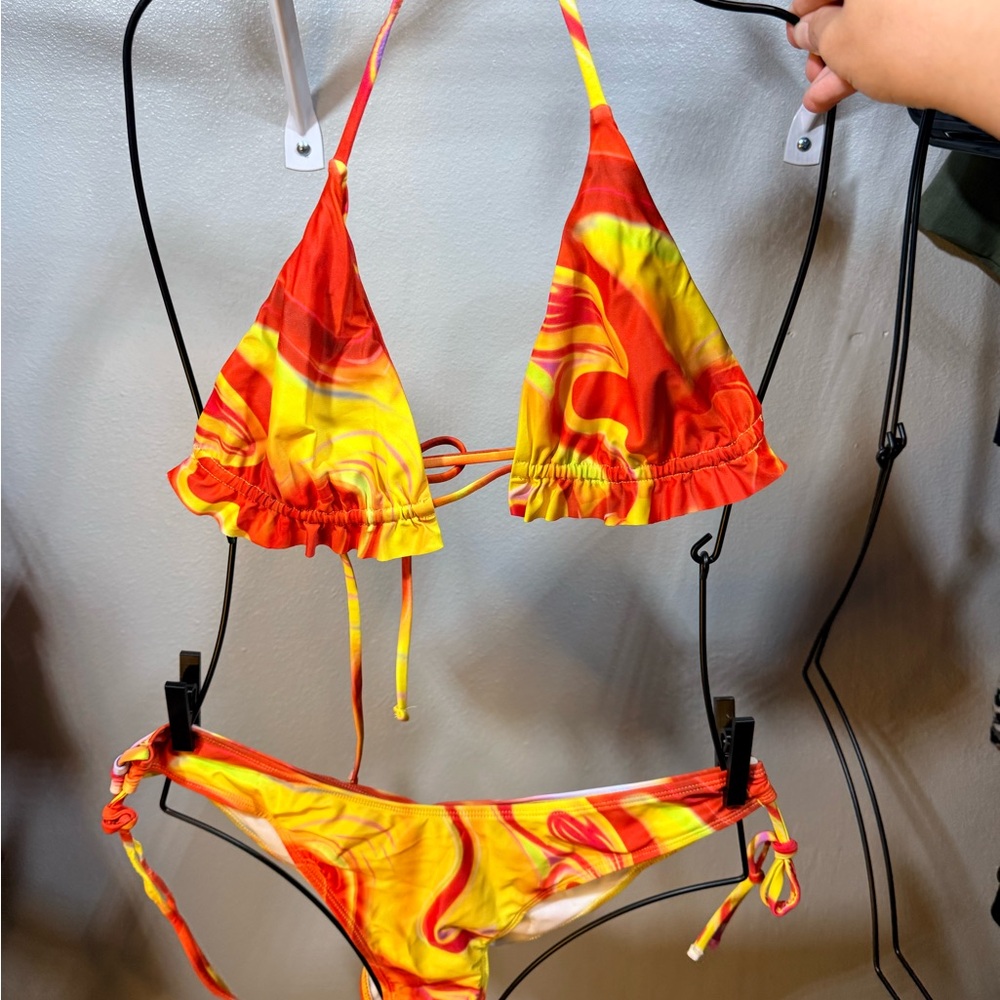 ⚡️Colorful Swirl Bikini XXL 2X Triangle Top Side Tie Scrunch Bottom Bright Sunse
